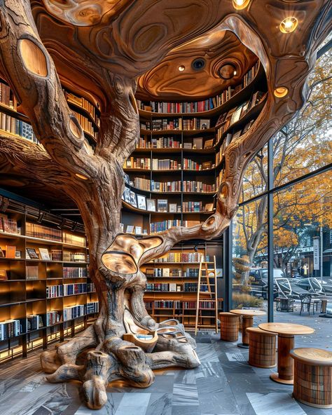 Outdoor Library Design, Woodland Library, Dream House Library, Library Tree, Libraries Around The World, Seattle Library, Library Seating, Books Nature, Unique Library