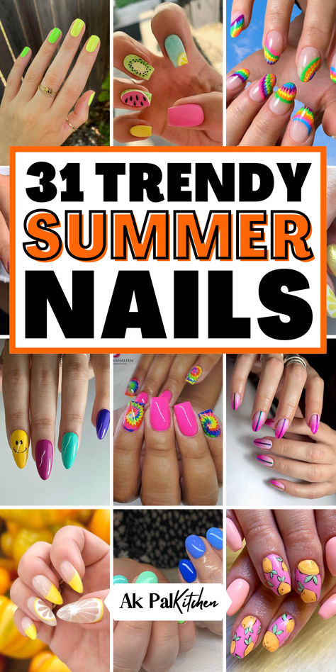 Summer nail ideas to dazzle! Dive into our bright summer nail colors, tropical nail art, and neon nail designs perfect for beach days. Explore pastel nails for summer, floral summer nails, and glitter nails for the ultimate season sparkle. Get trendy with our summer gel nails, French tip summer nails, and boho summer nails. Whether you’re on vacation or enjoying a summer day out, our sunset nail art, fruity nail designs, and cool summer pedicure ideas will have your nails looking fabulous. Summer Nail Tip Designs, Cute Summer Nails For Kids, Summer Fun Nails Designs, Summertime Nails Acrylic, Summer 24 Nails, Fun Summer Nails 2024, Summer Nail Art 2024, Fun Nails Summer, Summer Gel Nail Art