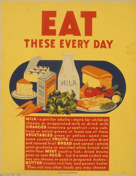 Health messages included encouraging the public to eat a good diet. Pictured, a design sho... Vintage Food Posters, Health Posters, Wpa Posters, Canned Fruit, Food Combining, Lunch Recipes Healthy, Green Vegetables, Fruit In Season, Healthy Eating Recipes