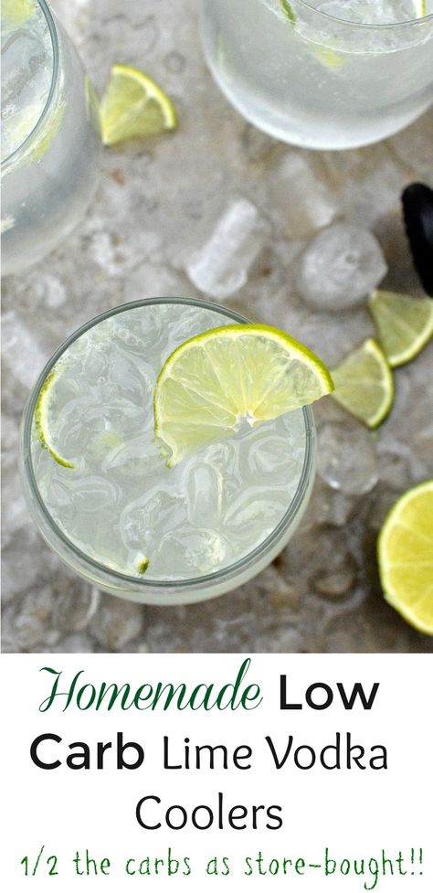 Recipe for Homemade Low Carb Lime Vodka Coolers. Half the calories of store-bought PLUS they are delicious! Make a lot!! Cheers! Lime Vodka Cocktails, Lime Vodka Drinks, Low Carb Vodka Drinks, Low Calorie Vodka Cocktails, Vodka Drinks Easy, Keto Alcohol, Boat Drinks, Vodka Recipes Drinks, Light Cocktails