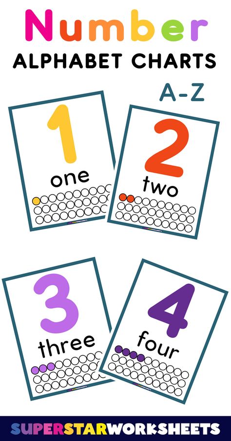 FREE Number Posters for children! Featured is a set of counting printables that can be used with preschool and kindergarteners. Number of the week worksheets will help students visualize numbers. #superstarworksheets #printables #free #counting #numbers Numbers For Kids Free Printables, Preschool Number Posters, Number Of The Week, Counting Chart, Number Counting, Free Poster Printables, Number Value, Free Printable Numbers, Number Posters