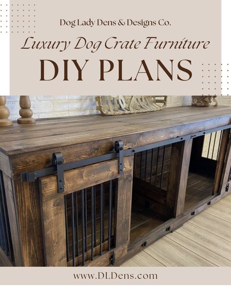 Build your own luxury dog crate furniture with these easy-to-follow digital plans. Each den fits a standard size dog bed or crate pan. Your dog den is the perfect showpiece for your living room and can be stained or painted to match rest of your home furniture. The digital/printable plans will show you step by step how to build your own wooden dog crate furniture. The plans include materials list, tool list, detailed step-by-step instructions, and product links.

#dogcratefurniture #doubledogcrate #woodenkennel #luxurydogcrate #dogcrateplans #dogladydens Custom Dog Crate, Pet Crates, Double Dog Crate, Wood Dog Crate, Dog Den, Diy Dog Crate, Wooden Dog Crate, Dog Kennel Furniture, Diy Dog Kennel