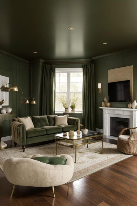 Green Monochromatic Room, Serene Interior Design, Eccentric Living Room, Serene Interior, Green Monochromatic, Calming Home, Dark Green Living Room, Monochromatic Room, Paint Tile