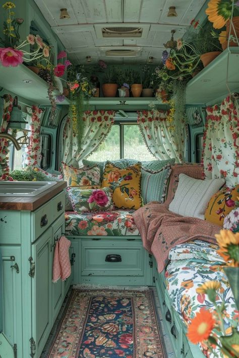 Vardo Wagon, Hippie Camper, Vintage Trailer Interior, Fairytale House, Trailer Interior, Caravan Interior, Van Life Diy, Vw Vintage, Camper Makeover