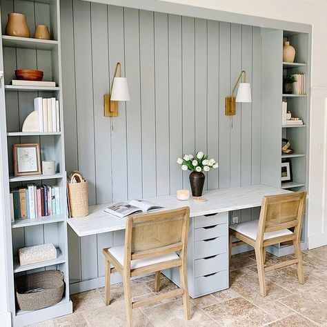 Stephanie Jane Cameron's DIY IKEA HACK! built-in desk / home office / homework space with Vertical Shiplap, Boothbay Gray, shelving, shelf styling, caned chairs, marble desk top, brass sconces. Follow me on Instagram for lots more design tips and DIY tutorials! Built In Double Desk, Diy Built In Desk, Built In Desk And Shelves, Painting Ikea Furniture, Desk Hacks, Double Desk, Ikea Desk, Desk Areas, Rooms Reveal