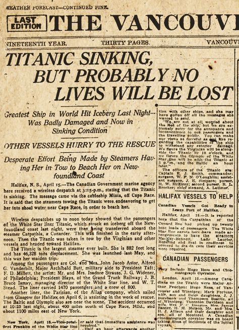 The Vancouver Daily Province the morning of Monday, April 15, 1912. H.V. Titanic Artifacts, Titanic Sinking, Titanic Facts, Titanic History, Titanic Ship, Newspaper Headlines, Headline News, Newspaper Article, Rms Titanic