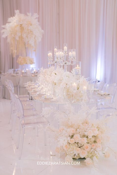 With color off the table as a tool, what else can you use to create an interesting event design? Click through for 3 pro-tips for creating your perfect all-white wedding. Ethereal Wedding Reception, Crystal Wedding Decor, Classy Wedding Decor, White Wedding Arch, Wedding Design Ideas, Wedding Design Inspiration, Centerpieces Floral, White Wedding Theme, All White Wedding