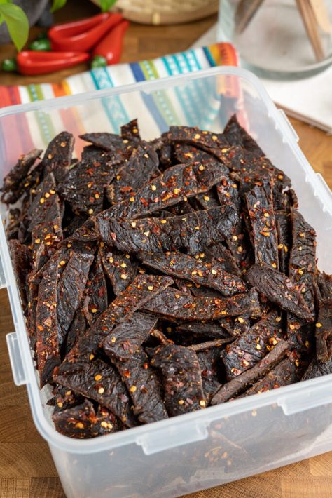 Sweet And Spicy Deer Jerky Recipe, Spicy Jerky Recipe, Sweet And Spicy Beef Jerky Recipe, Spicy Beef Jerky Recipe, Jerky Marinade Recipes, Beef Jerky Marinade, Spicy Beef Jerky, Deer Jerky Recipe, Jerkey Recipes