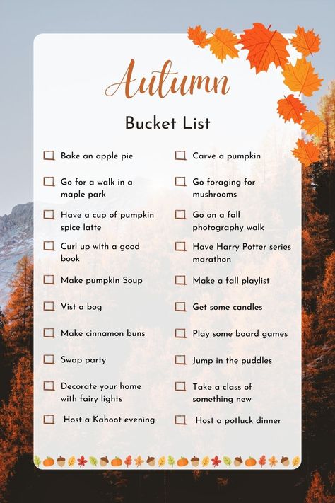 Fall Self Care Bucket List, Autumn Bucket List Journal, November Bucket List, Fall And Halloween Bucket List, Things To Do In November, Free Printable Fall Bucket List, Fall Bucket List Bullet Journal, Fall Family Activities, Autumn Bucket List