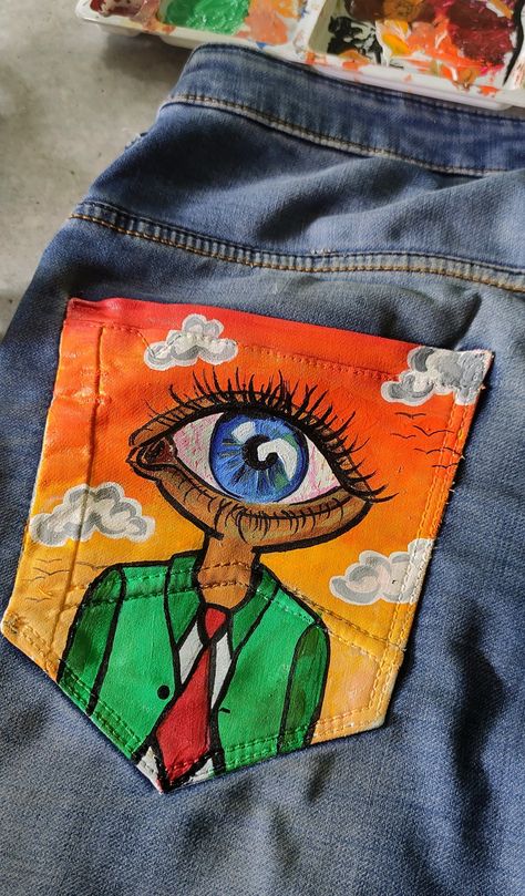 Pocket Art Jeans, Fabric Painting On Pants, Paint Pocket Jeans, Denim Pocket Painting, Denim Jeans Painting, Denim Art Painting, Jean Pocket Painting, Art On Pants, Drawing On Clothes