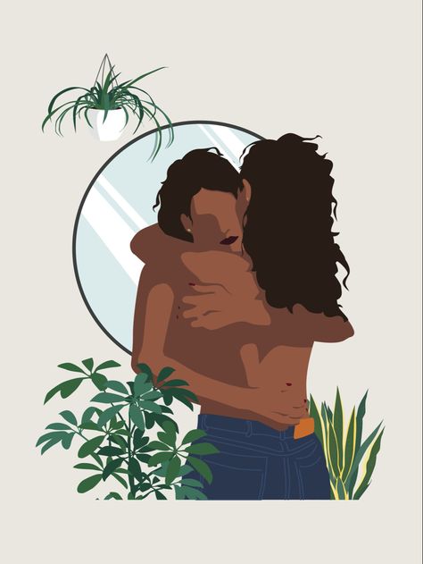 Black woman hugging herself with a mirror and house plants. Black Woman Self Care Illustration, Black Woman In Mirror, Black Women Apartment Aesthetic, Self Love Mirror Illustration, Love Myself Illustrations, Self Love Cartoon Images, Self Love Illustration Art Aesthetic, Self Love Black Aesthetic, Self Hug Illustration