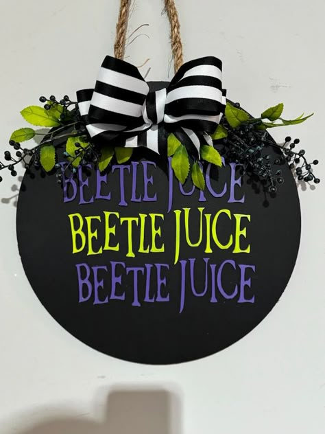 Beetlejuice Hanger - Etsy Beetlejuice Porch Sign, Beetlejuice Door Sign, Tim Burton Nursery, Beetlejuice Ornaments, Beetlejuice Door Hanger, Beetlejuice Sublimation, Beetlejuice Door, Beetlejuice Decorations Diy, Beetlejuice Halloween Decorations