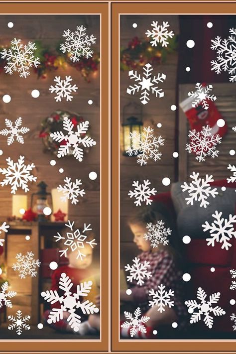 Snowflakes Window Decor, Office New Year Decoration, New Year Window Decoration, Glass Door Christmas Decor, Snowflakes On Windows, Cafe Christmas Decorations, Cafe Christmas Decorations Ideas, Christmas Decor Ideas Office, Window Christmas Decor Ideas