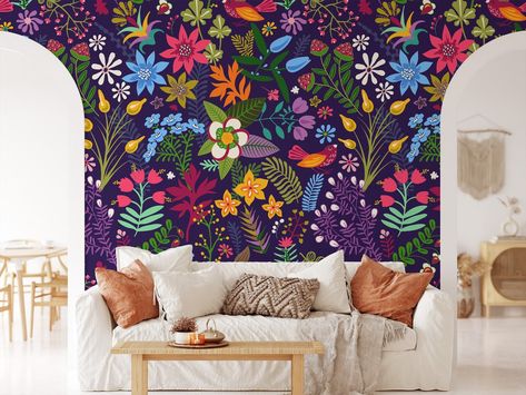 Various Colorful Flower Design Illustration Wallpaper, Mixed Colored Whimsical Wallpaper, Peel and Stick Floral Removable Wallpaper - Etsy Colorful Peel And Stick Wallpaper, Funky Peel And Stick Wallpaper, Colorful Wallpaper Home, Bold Wallpaper Accent Wall, Hand Painted Wall Pattern, Colorful Floral Wallpaper, Floral Removable Wallpaper, Whimsical Wallpaper, Illustration Wallpaper