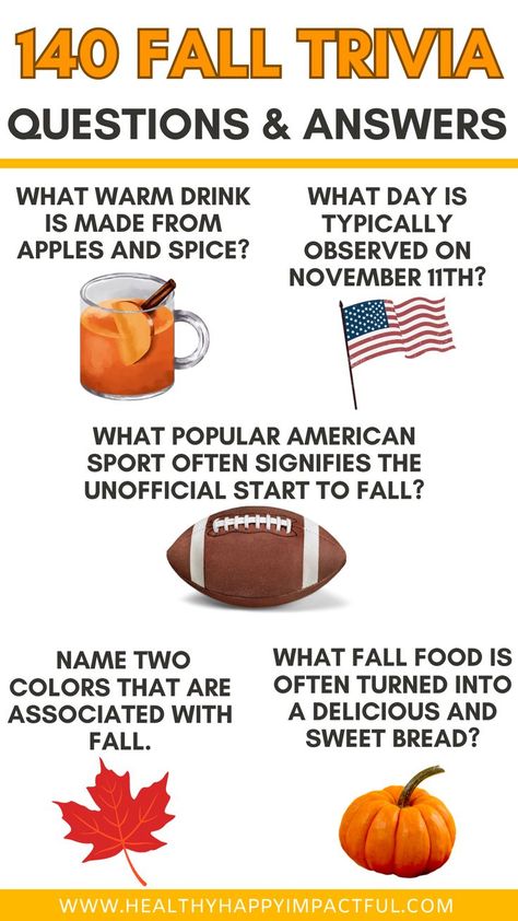 140 Fun & Entertaining Fall Trivia Questions and Answers In 2023 Food Trivia Questions And Answers, Family Trivia Questions, Fall Trivia, Trivia Games For Adults, Halloween Trivia Questions, Pop Culture Quiz, Pumpkin Facts, Trivia For Seniors, Animal Trivia