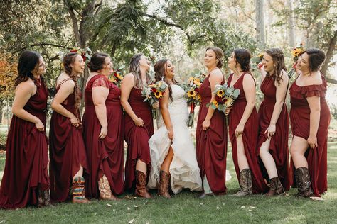 Black Bridesmaid Dresses With Cowboy Boots, Western Burgundy Bridesmaid Dresses, Cowboy Boots Bridesmaids Long Dress, Western Wedding Bridesmaids Dresses With Boots, Western Bridesmaid Dress, Country Wedding Dresses With Boots Bridesmaid, Long Bridesmaid Dresses With Boots, Rustic Western Wedding Bridesmaid Dresses, Bridesmaid Cowgirl Boots