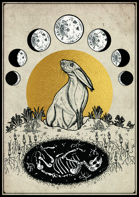 Moon Cycle Drawing, Hare Skeleton, Ostara Art, Moon Rabbit, As Above So Below, Rabbit Rabbit, Pagan Altar, Halloween Wall Decor, Spiritual Artwork