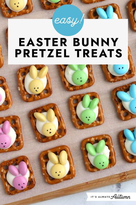 Pretzel Bunnies And Ducks, Toddler Easter Party Snacks, Easter Easy Treats, Easter Pretzel Flowers, Easter Desserts With Pretzels, Snack Easter Basket Ideas, Easter Food Gifts To Make, Bunny Themed Treats, Pretzel Easter Chicks