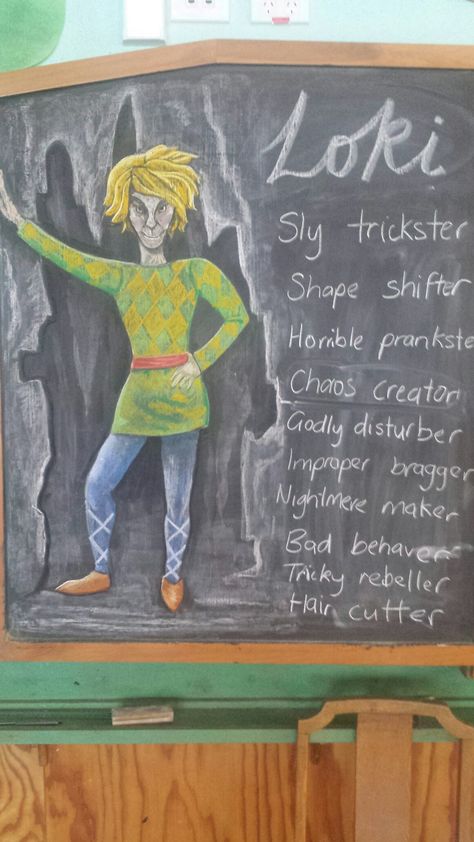 Norse Mythology Chalkboard, Loki Norse Mythology, Waldorf Education, Norse Myth, Chalkboard Drawings, 4th Grade Art, Mythology Art, Norse Mythology, Fourth Grade