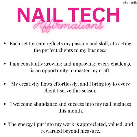 Starting this month with confidence and positivity! Here are some powerful affirmations to keep us motivated, inspired, and focused as a nail tech. Happy November 🍂💕 • • • • • 🚨In just 3 days, I’m launching something that will transform your nail game forever! ✨ What you’ll learn⬇️ • Acrylic Nail techniques • Business • Client retention • Social media strategy - everything you need to grow your nail career. 🥳 Mark your calendars NOVEMBER 4🗓️ @i.k__nails @i.k__nails @i.k__nails #n... Nail Tech Memes Humor, Nail Tech Manifestation, Nail Tech Goals, Nail Tech Captions, Restocked Poster, Nail Tech Quotes Social Media, Nail Tech Content Ideas, Nail Tech Posts, Nail Tech Policies