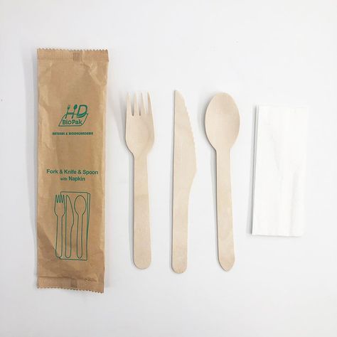 Individually Paper Wrapped Disposable Wooden Tableware Set | Knife/Fork/Spoon/Napkin - 500 Sets - Case of 500 Outdoor Catering, Bamboo Cutlery, Wooden Tableware, Wooden Fork, Bamboo Utensils, Bakery Supplies, Coconut Bowl, Western Food, Wooden Utensils