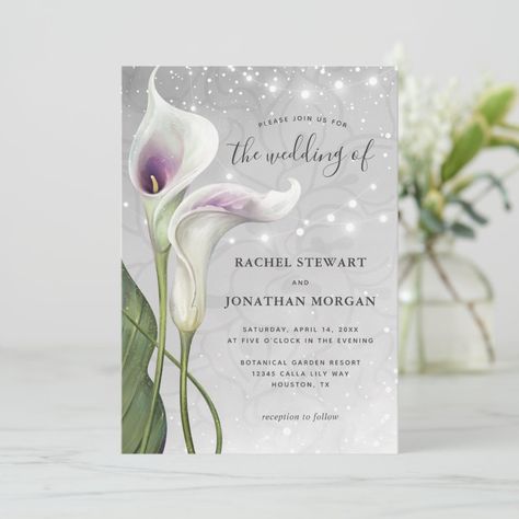 Elegant Floral White and Purple Calla Lily Wedding Invitation Calla Lily Wedding Invitations, Purple Calla Lilies Wedding, Lily Wedding Invitations, Purple Calla Lily, White Calla Lily, Purple Calla Lilies, Calla Lily Wedding, Lily Wedding, Wedding Anniversary Invitations