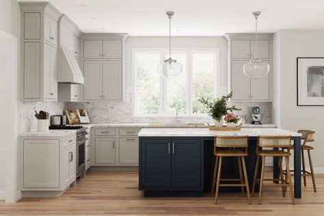 Light Grey Kitchen with Dark Blue Island - Crystal Cabinets Dark Blue Island, Light Grey Kitchen, Crystal Cabinets, Cream Kitchen Cabinets, Light Grey Kitchens, Cream Cabinets, Navy Kitchen, Grey Kitchen Island, Silver Cabinets