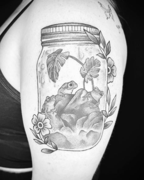 A Frog terrarium 🫙🐸 • • • • #tattoo #tattoos #ink #inked #art #tattooartist #tattooart #tattooed #tattoolife #tattooideas #love #artist #blackwork #instagood #tattoodesign #tatuagem #tattooing #tattooist #blackandgreytattoo #tattooink #tatuajes #instagram #me #tattoostyle #photography #drawing #tatuaje #tattooer #traditionaltattoo #tattoogirl Pond Tattoo, Terrarium Tattoo, Frog Terrarium, Photography Drawing, Doodle Ideas, A Frog, Tattoo Inspo, Life Tattoos, Black And Grey Tattoos