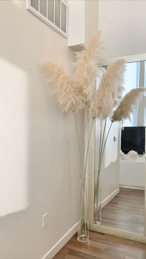 Pampas Grass Floor Vase Tv, Pampas Grass Floor Vase Bathroom, Tall Vase Pampas, Pampass Floor Vase, Tall Vase Decor, Pampass Grass In Rattan Floor Vase, Masculine Decor, High Ceiling Living Room, Modern Rustic Living Room