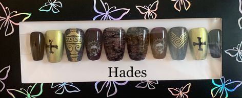 Short coffin; black and gold, equal-armed cross, the River Styx, urn, skull and halo Hades Nails, Greek Mythology Nails, Witchy Nails, Short Coffin, Nice Nails, Inspired Nails, Nail Stuff, Nail Art Designs Diy, Hades And Persephone