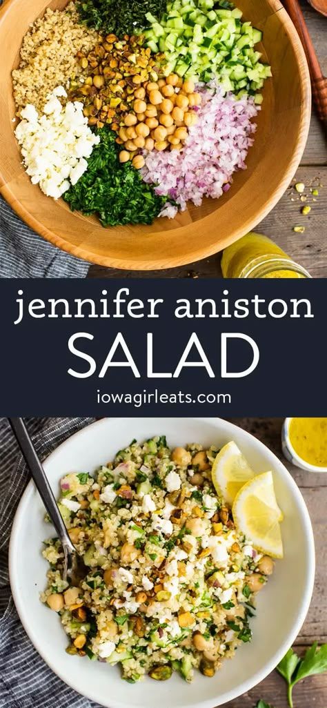 Jennifer Aniston Salad - Fresh and Gluten Free Dairy Free Quinoa Salad, Jennifer Aniston Diet, Lunch Ideas For Guests, Gluten Free Salad, Jennifer Aniston Salad, Aniston Salad, Gluten Free Salads, Healthy Lunch Meal Prep, Jenifer Aniston