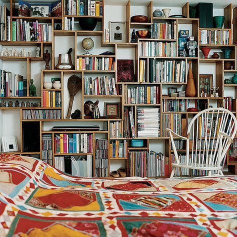 bookshelf designed by nina tolstrup Room With Bookshelves, Oak Bookshelves, Floor To Ceiling Bookshelves, Book Corner, Home Theaters, Model Room, Small Space Storage, Record Storage, Deco Boheme