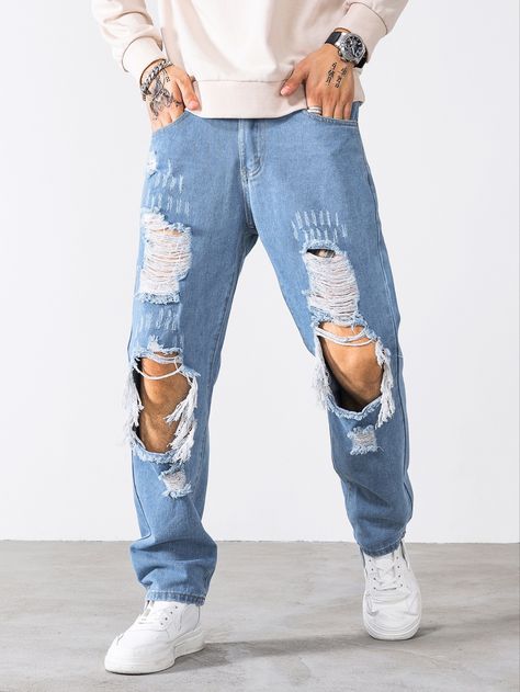 Mens Ripped Jeans Outfits, Men Fashion Jeans, Ripped Jeans For Men, Mens Ripped Jeans, Denim Outfit Men, Cut Out Jeans, Jeans Outfit Men, Blue Jean Outfits, Black Men Fashion Swag