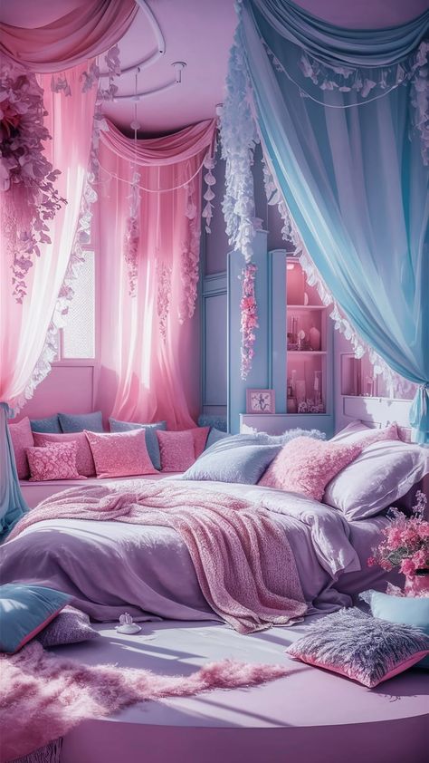 A dreamy bedroom featuring soft lilac walls, pastel bedding in shades of mint and blush, white furniture with gold hardware, and large windows letting in plenty of natural light. Light Blue And Purple Bedroom, Pink And Purple Girls Bedroom, Pastel Purple Bedroom Aesthetic, Blue Purple Room, Purple Rooms Bedroom, Pastel Purple Bedroom, Purple And Blue Room, Purple Bedroom Aesthetic, Blue And Purple Bedroom