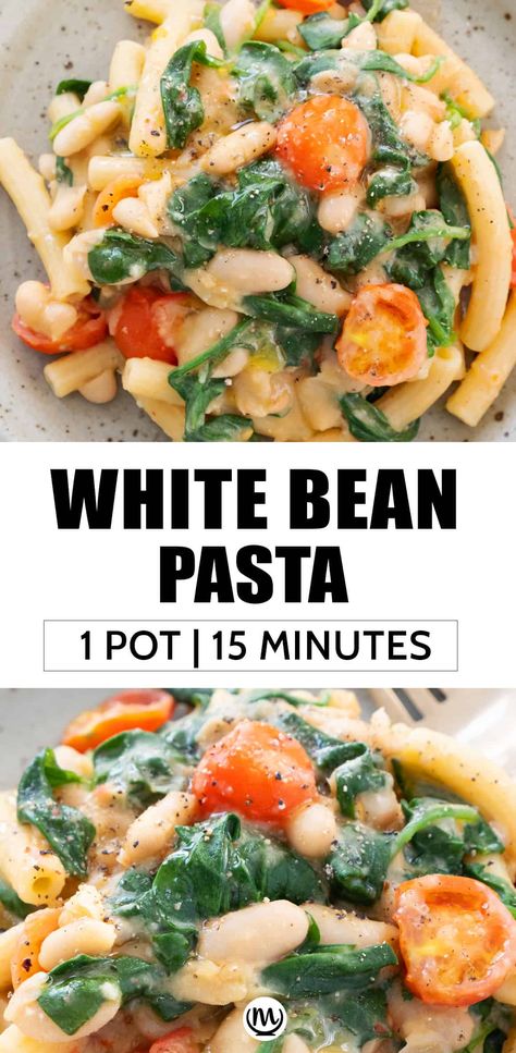 This quick white bean pasta makes a wonderful 1-pot family meal ready in less than 15 minutes. It’s everything you want in a pasta dish: it's comforting, packed with fresh ingredients, no fuss. #pastarecipes #quickandeasydinnerrecipes #whitebeanrecipe #cannellinibeanrecipes #15minutemeals White Bean Pasta, Bean Pasta Recipes, Cannellini Beans Recipes, White Bean Recipes, Protein Veggies, Bean Pasta, Cheap Dinner Recipes, One Pot Pasta, White Bean