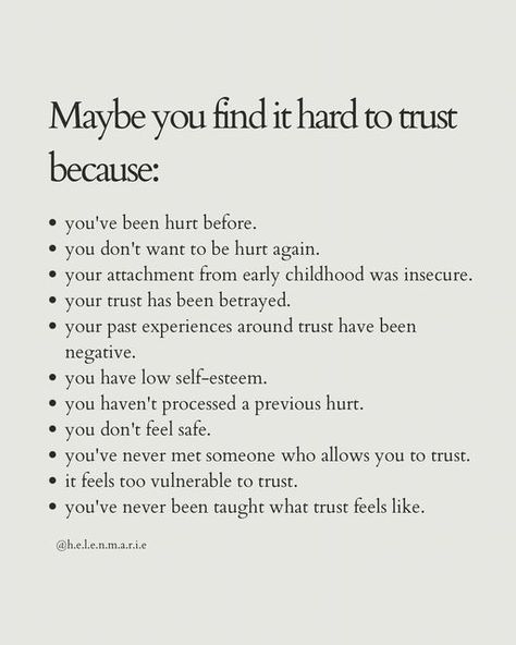 helen marie | therapist PGDip MPH BSc (Hons) MBACP on Instagram: "On trust 🤍 Trust is a feeling. We can’t be told to trust because we have to connect with a feeling deep within that can sometimes be hard to express in words. However, our relationship with trust can be tricky based on past experiences so I’ve shown here how it can show up in relationships & also how relationships can look when there is trust present 🌱 Trust can be rebuilt by actions not words & the accompanying feelings of safe How To Be Trustworthy, Severe Trust Issues, How To Overcome Trust Issues, How To Trust, How To Trust Again Relationships, Trust Issues Quotes Relationship, Feeling Guilty Quotes, Learning To Trust Again, Counselling Worksheets