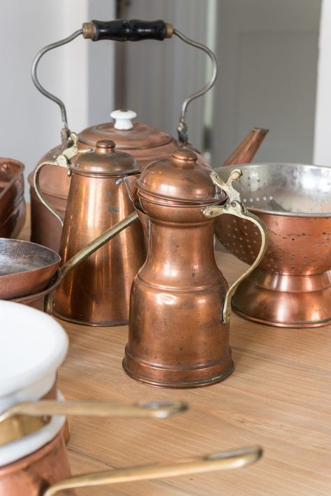 Thrifty Vintage Copper and How to Clean It! Pine And Prospect, Pine And Prospect Home, Copper Canisters, Turquoise Living Room Decor, Vintage Copper Pots, Copper Collection, Copper Kitchen Decor, How To Clean Copper, English Cottage Decor