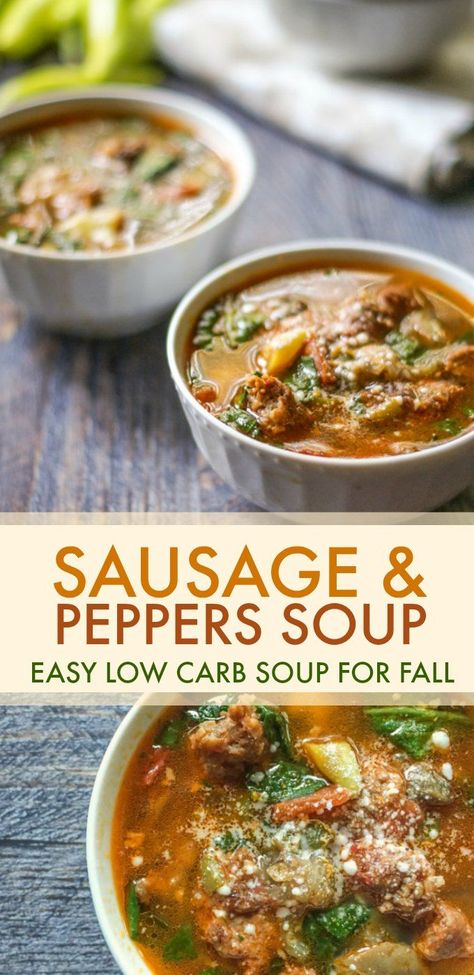 If you like stuffed banana peppers you will love this sausage & peppers soup! It's so easy to make and VERY flavorful. A tasty, warming low carb and Paleo soup. Only 5.3g net carbs per serving! #soup #lowcarb #paleo #sausage #peppers #fallfood Sausage And Pepper Soup, Paleo Sausage, Soup For Fall, Low Carb Soup Recipes, Sausage Peppers, Chile Recipes, Paleo Soup, Banana Peppers, House Guests