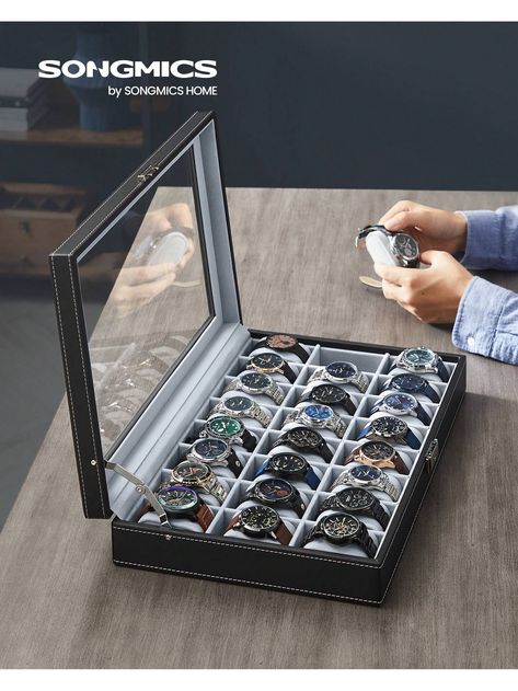 SONGMICS Watch Box, 24-Slot Watch Case, Lockable Watch Storage Box With Glass Lid, Gift Idea, Black Synthetic Leather, Gray Lining, 11.6" X 16.9" X 3.1"I discovered amazing products on SHEIN.com, come check them out! Watch Display Case, Cleaning Gift, Watch Storage Box, Lock Design, Watch Storage, Watch Display, Box Organizer, Watch Box, Electronic Toys