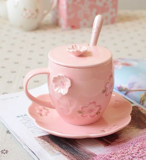 Cute Teacups, Aesthetic Cups, Japanese Cup, Kawaii Room Ideas, Sakura Japanese, Kawaii Cups, White Cherry Blossom, Pretty Cups, Cute Kitchen