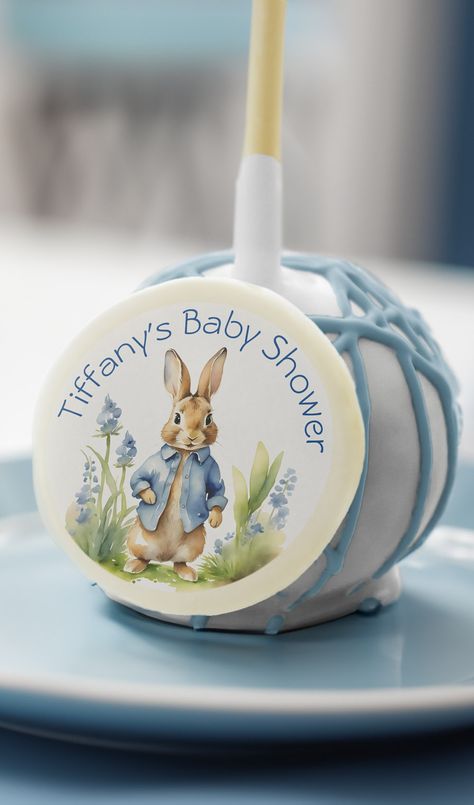 Peter rabbit baby shower edible favors personalized cake pops cute blue jacket bunny cake pops Peter Rabbit Cake Pops, Rabbit Cake Pops, Peter Rabbit Invitations, Peter Rabbit Cookies, Cake Pops Cute, Favor Packaging Ideas, Cookies For Baby Shower, Edible Baby Shower Favors, Bunny Cake Pops