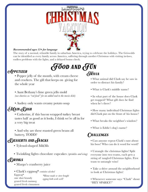 Christmas Vacation Movie Night Food, Dinner And Movie Theme Night Adults, Christmas Dinner And Movie Ideas, Christmas Theme Dinner Party, Christmas Vacation Dinner Party, Dinner And A Movie Christmas, Christmas Movie Themed Dinners, Christmas Movie Themed Dinner Ideas, Christmas Movie Night Menu Ideas