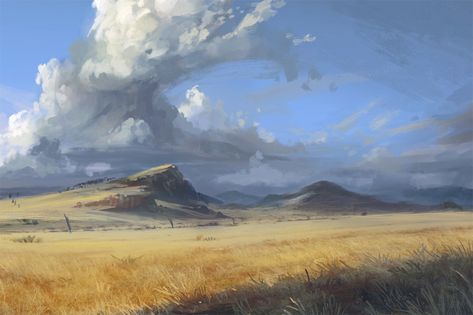 The Talenta Plains are a vast grassland stretching from the Blade Desert to the borders of Karrnath and the Mournland. It is the home of wandering herds of buffalo-sized dinosaurs and tribal halflings remaining true to their ancient nomadic way of life since the days before humans walked the lands of Khorvaire. The Talent Plains stretches across the middle eastern side of Khorvire. It reaches the Endworld and Ironroot Mountains to Dead Gray Mist of the Mournland. Their southern border with... Plains Landscape, Magic: The Gathering, Landscape Concept, Fantasy Setting, Fantasy Places, Wow Art, Landscape Scenery, Fantasy Art Landscapes, Fantasy Concept Art