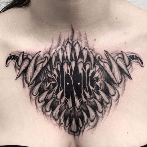 Tattoo Ideas Female Dark Meaning, Creepy Throat Tattoo, Evil Creature Drawing, Creepy Mouth Tattoo, Creepy Chest Tattoos, Cool Scary Tattoos, Best Black Tattoo Ideas, Dark Throat Tattoo, Cheating Tattoo