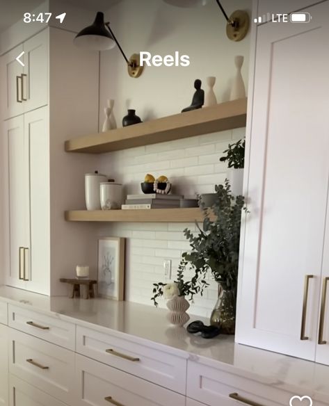 Butler Pantry Floating Shelves, Open Shelf Butlers Pantry, Butlers Pantry Floating Shelves, Floating Shelves Pantry, Tuxedo Kitchen, Kitchen Butlers Pantry, Kitchen 2023, Kitchen Floating Shelves, Pantry Wall