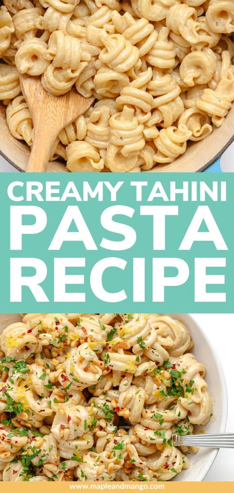 Looking for a new and simple pasta dish to try? This easy tahini pasta recipe is ready in just 20 minutes! Perfect for a busy weeknight dinner or a cozy night in. The flavorful tahini sauce on this pasta is SO GOOD - creamy, tangy, nutty goodness! Also naturally dairy-free, vegetarian and vegan making it a great alternative to cream based sauces. Serve this tahini pasta as a main or a side dish! | www.mapleandmango.com Tahini Pasta, Vegan Pasta Sauce, Easy Pasta Sauce, Tahini Recipe, Vegan Dinner Recipes Easy, Simple Pasta, Vegetarian Meals For Kids, Plant Based Diet Recipes, Easy Pasta Dishes