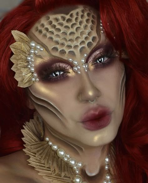 Scales Makeup Mermaid, Mermaid Special Effects Makeup, Mermaid Fx Makeup, Scary Siren Makeup, Mythical Creatures Makeup, Seahorse Makeup, Dragon Makeup Halloween, Mermaid Fantasy Makeup, Siren Makeup Mermaid