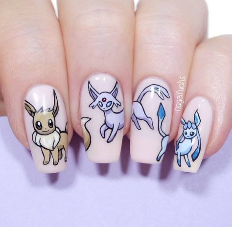 Pokemon Nail Art, Pikachu Nails, American Nails, Stunning Nails, Anime Nails, Nail Blue, Animal Print Nails, Acrylic Nails Coffin Pink, Doll Makeup