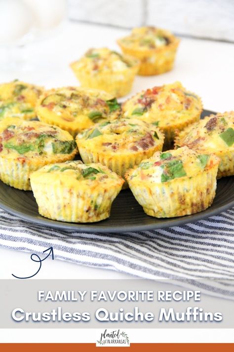 Mini crustless quiche muffins are perfect for breakfast or brunch. Egg muffins with bacon are made without the traditional crust, making them a low-carb quiche and gluten-free quiche option. They are filled with cheese, bacon, spinach, and eggs, and baked until golden brown. Mini crustless quiche muffins with spinach are easy and can be prepared in advance for a quick and healthy breakfast on-the-go. Use up leftover ingredients and are customizable to suit everyone! (Affil via @PlantedinArkansas Muffin Quiche Recipes, Mini Quiches In Muffin Tin Crustless, Mini Quiches In Muffin Tin, Mini Egg Quiche, Crustless Quiche Muffins, Muffins With Spinach, Ham And Spinach Quiche, No Crust Quiche, Spinach And Eggs