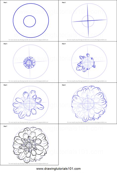 How to Draw Dahlia Flower printable step by step drawing sheet : DrawingTutorials101.com How To Paint Dahlias Easy, How To Draw Marigolds Step By Step, Dahlia Flower Sketch, Realistic Flower Drawing Step By Step, Draw Dahlia Flower, How To Draw Dahlia Step By Step, How To Draw Dahlia, Dalia Drawing, Dalia Flower Drawing